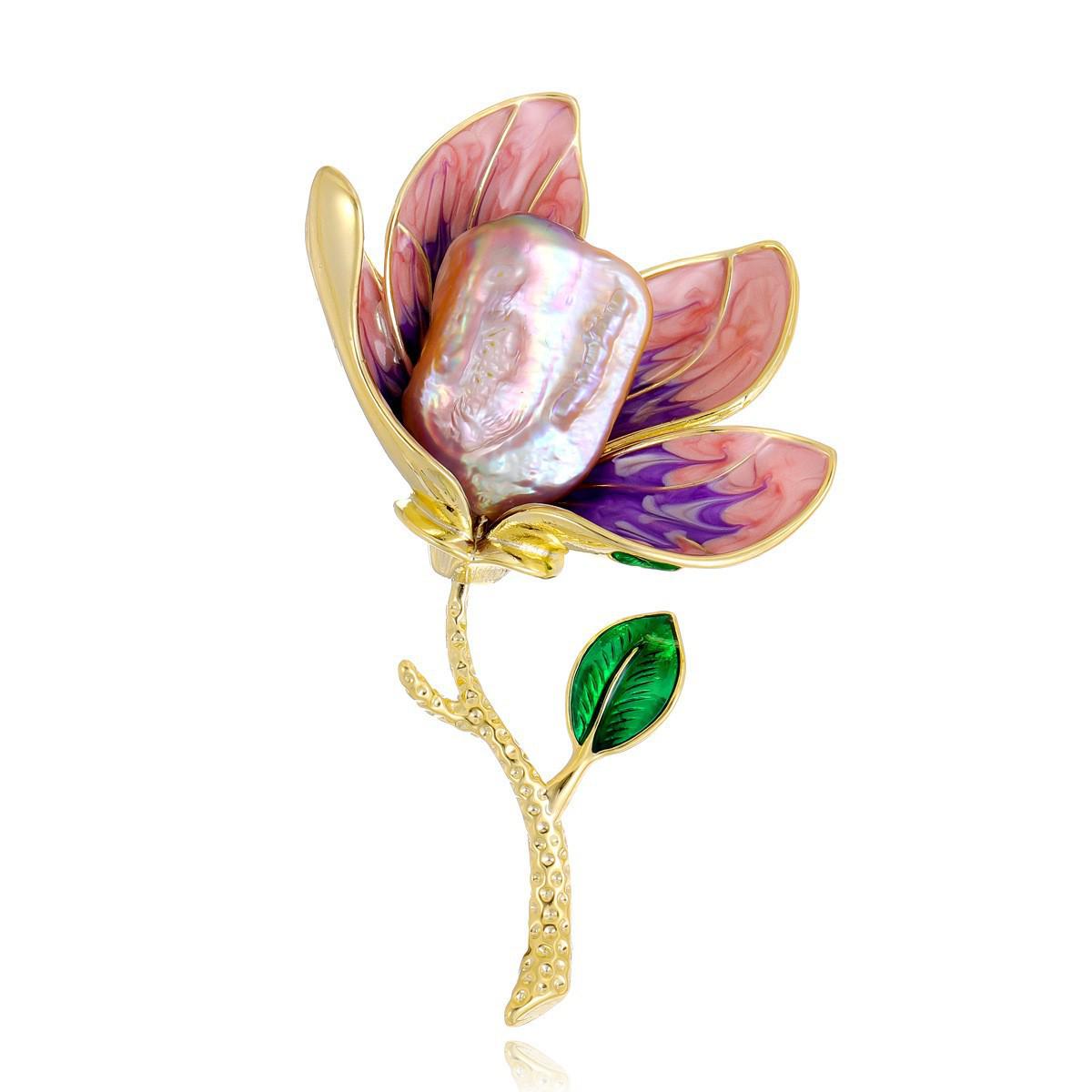 

Baroque Freshwater Pearl Enamel Flower Brooch for Women