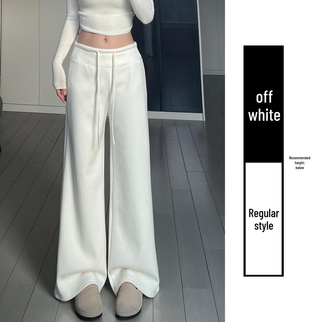 Light Gray Plus Velvet Wide-Leg High Waist Slimming Pants - Women's Autumn/Winter Japanese Korean Style