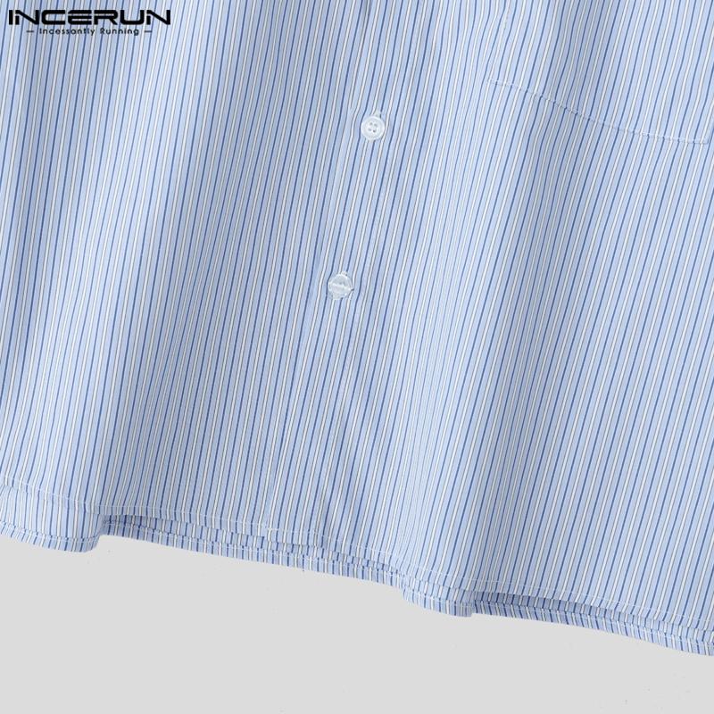 INCERUN S-XXXXXL Men Lapel Neck Long Sleeve Striped Casual Loose Shirts Tops