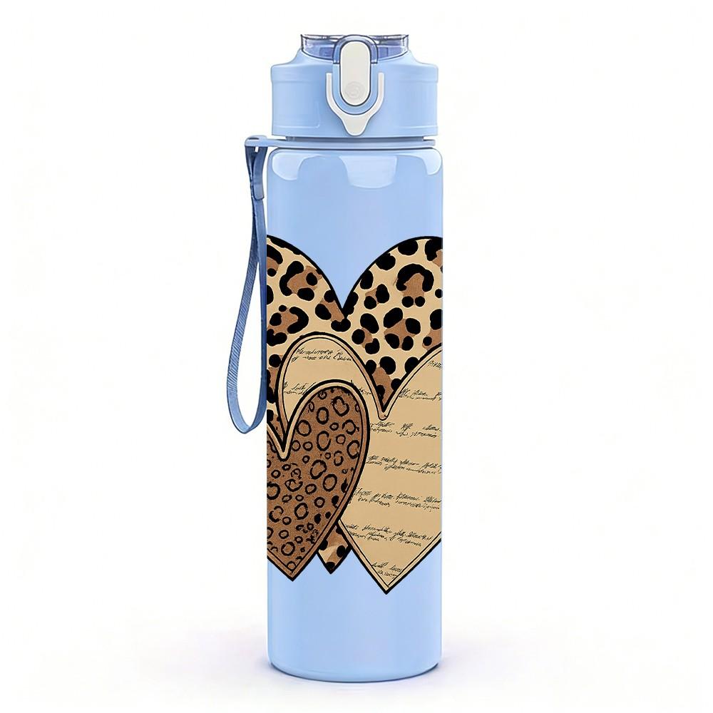 1PC Leopard Texture Twin Hearts 750ml Color Plastic Sports Water Bottle Leakproof Flip Straw Lid For Sports Office Home Use