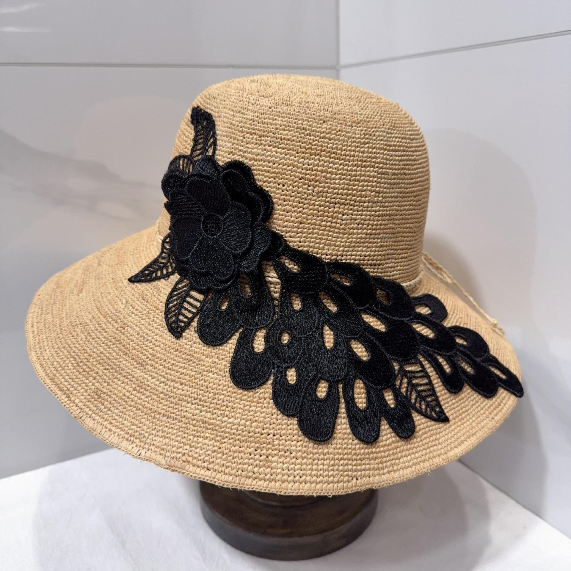 

High Quality Lace Flower Decorated Fisherman Hat Women s Summer Sunscreen Straw Hat Beach Vacation Hats 56-58CM чорний