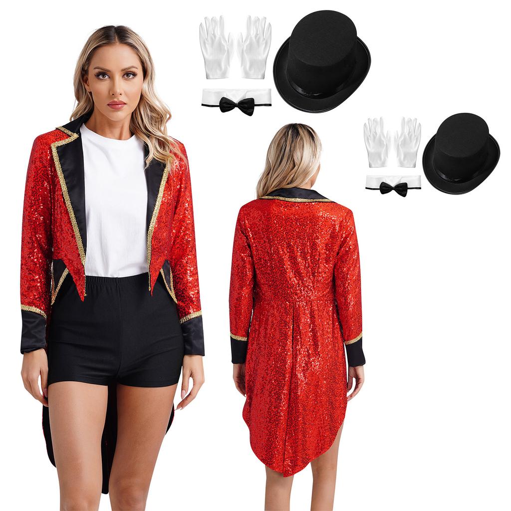 Womens Circus Magician Costume Sequin Tailcoat Long Sleeve Notch Lapel Open Front Design Hat Gloves Bowtie Set