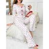 Women Heart Print Lapel Collar Long Sleeve Long Pants Two Piece Pajama Home Wear Set