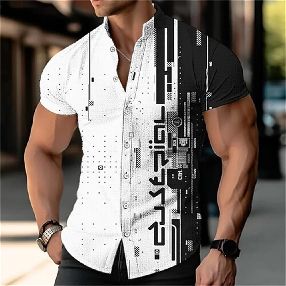 

Men s 3D digital printed geometric stand up collar solid color short sleeved shirt outdoor casual fashion street men s clothing S