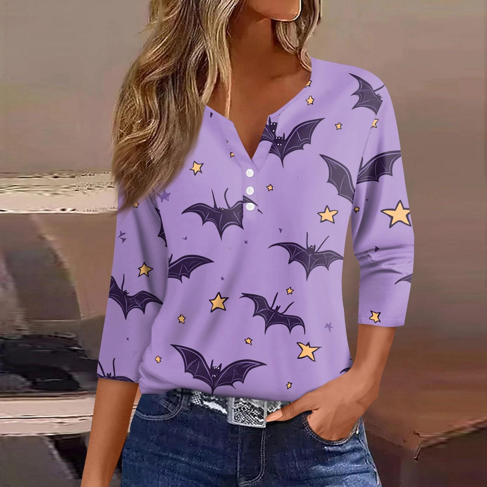 

Женская футболка Футболка Хэллоуин Принт Пуговица Рукав 3/4 Туника Повседневная Мода Выходного дня Базовая V-образный вырез Обычный топ XL