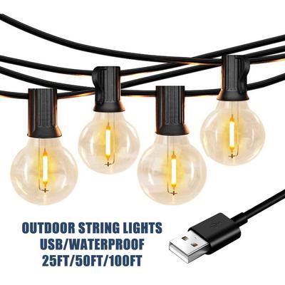 Luci LED USB da 100/50/25 piedi, lampadina in plastica G40, 5 V, 1 W, per esterni, impermeabili, per tende da fata, patio, festone, luci per matrimoni