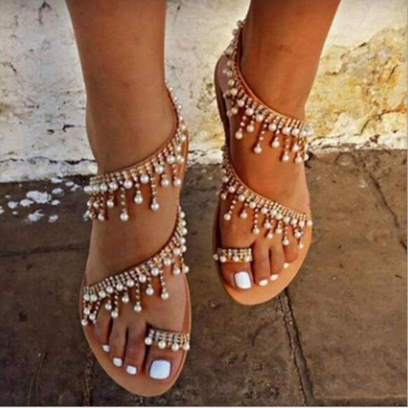 Fashion 1 Pair Women Beach Sandals Faux Pearl Tassels Flat Dressy Ankle Strap Open Toe Lightweight Women Casual Sandals Shoes