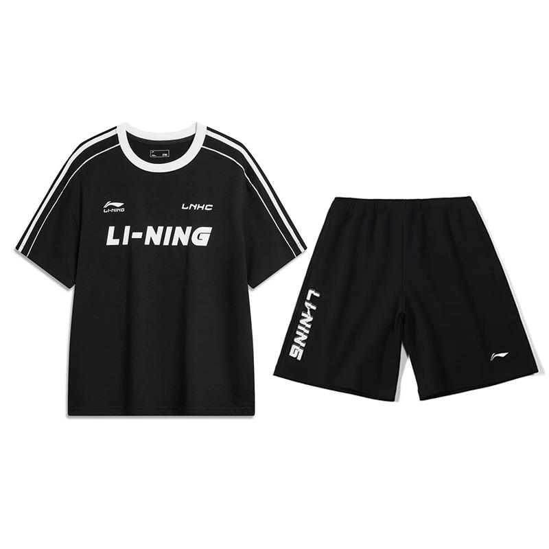 

Li-Ning Casual Loose Fit Round Neck Short Sleeve Top And Elastic Waist Solid Color Five-Point Pants Set Unisex sets Black YHSV367-2+YKSV131-2 L