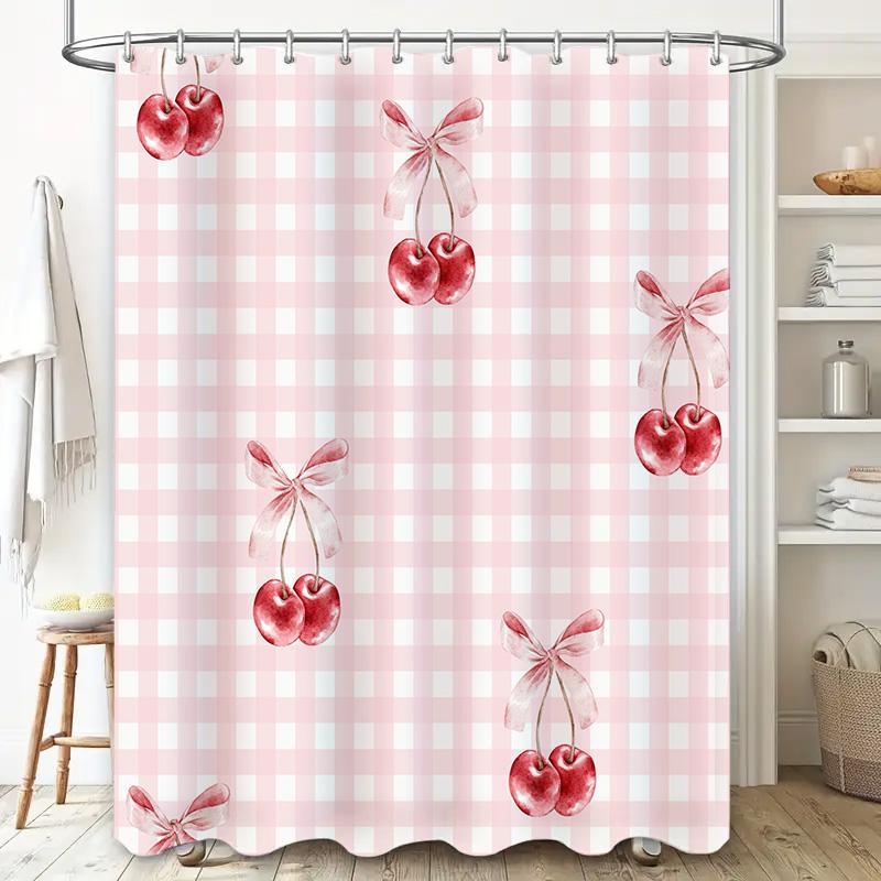 Rustic Pink Checkered Shower Curtain with Watercolor Cherries Bathroom Decor for Home Improvement Projects