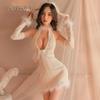 Man Yan Sexy Halter Deep V Plush Tie-Up Sheep Dress Uniform Set