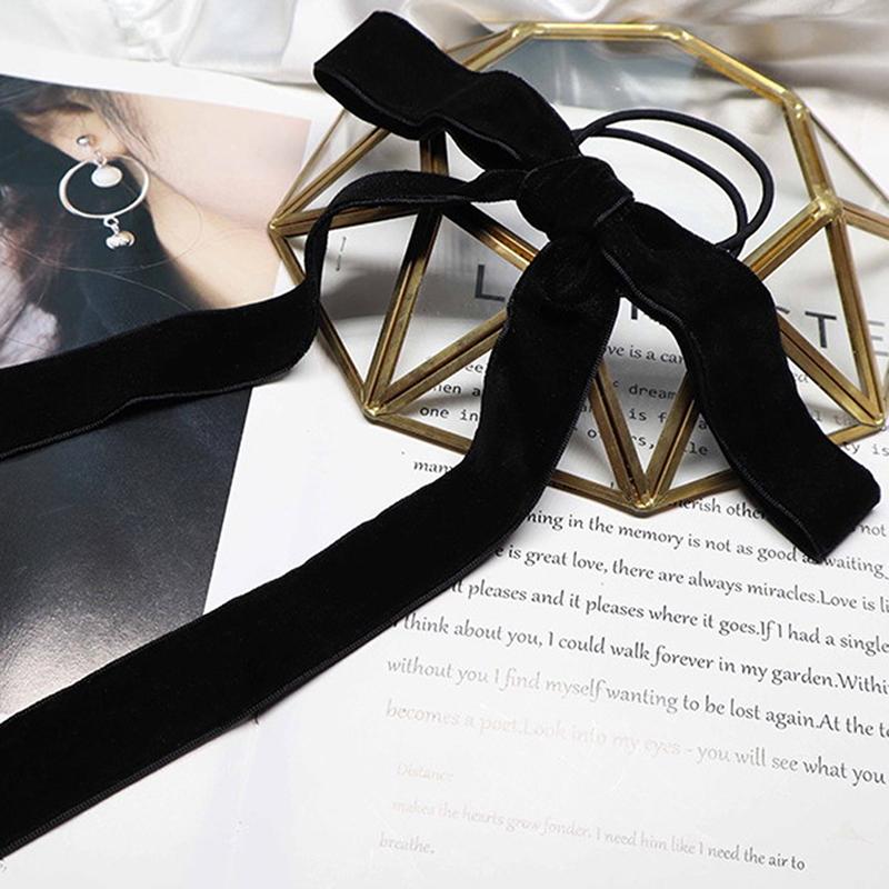 Fashion Black Velvet Bow Hair Ribbon Scrunchie For Women Girl Elastic Hair Tie