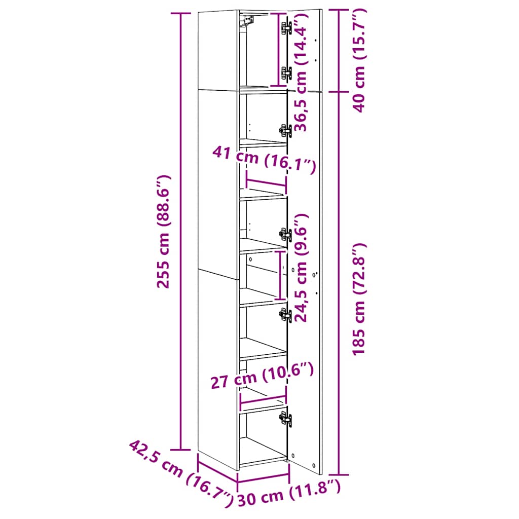 Narrow Tall Cabinet Concrete Grey 30 X 42.5 X 225 Cm Particleboard