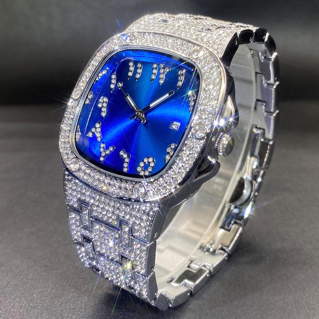 Luxury Diamond Watch for Men Hip Hop Style Bling Iced Out Wristwatch Fashion Square Steel Waterproof Clock
