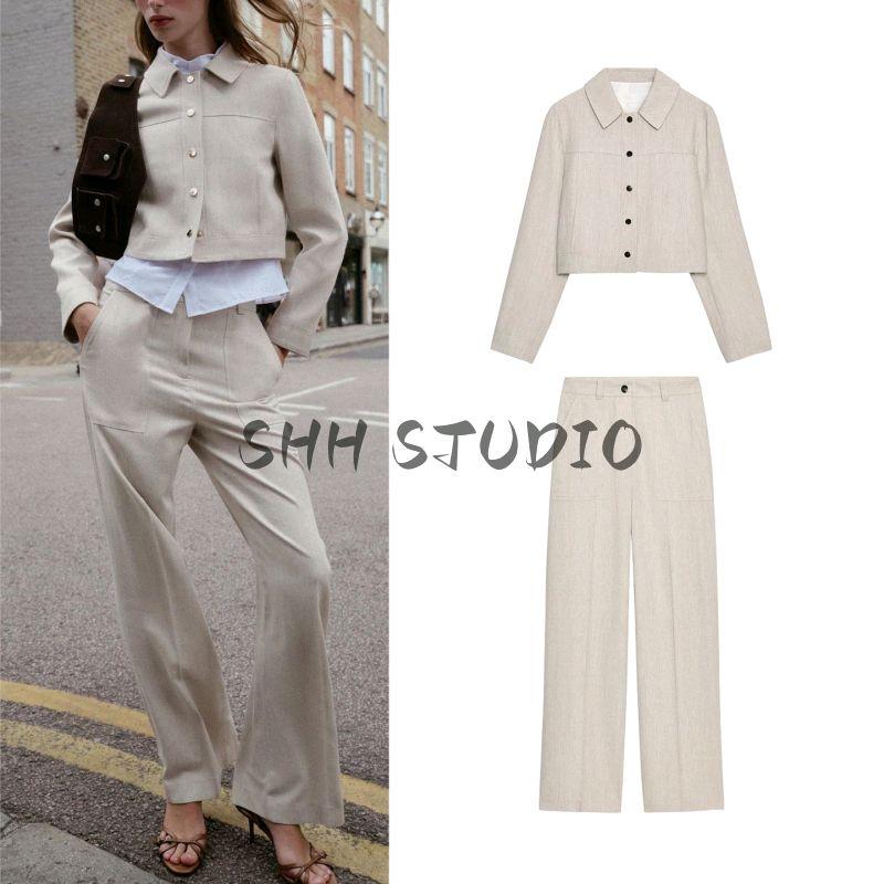 Short V-neck Long sleeve Casual Outerwear 8719129 High Waist Loose Long Straight Pants 8714129