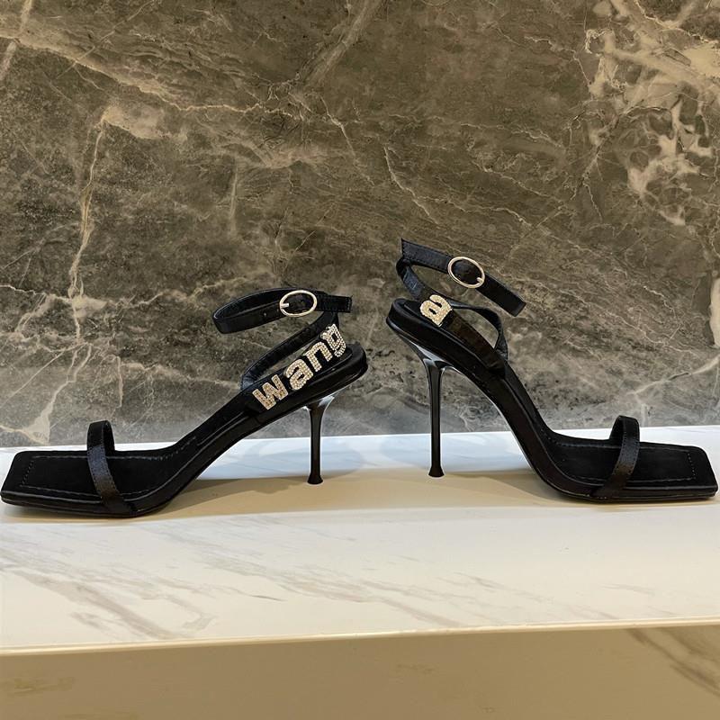 King sandals women's summer 2025 new one-word strap high heels women's thin heel square head rhinestone super sexy women's shoes