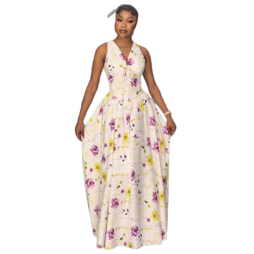 European and American Women's Clothing Summer African New Elegant Sleeveless V-neck Waist Printed Dress