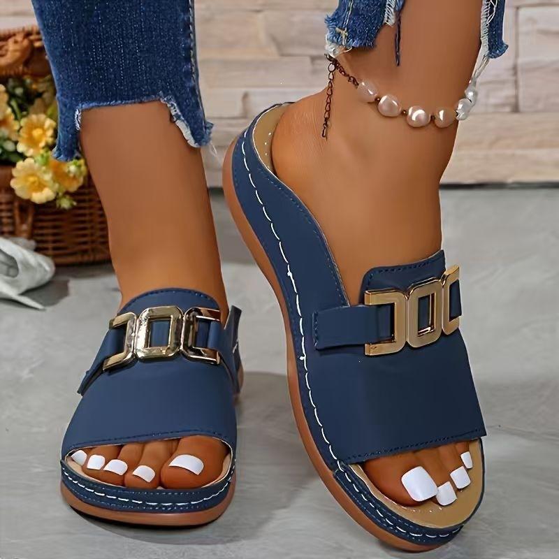 Sandali Donna Fibbia Metallica Punta Aperta Zeppa Suola Spessa Pantofole Taglie Forti Scarpe Casual Semplici