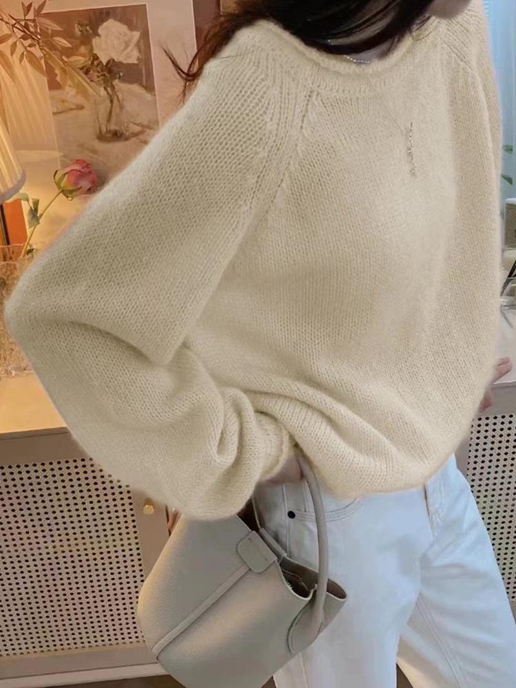 Women's Pink Wool Cashmere Pullover - Round Neck, Warm & Soft, Versatile Stylish Knit Sweater for Autumn/Winter
