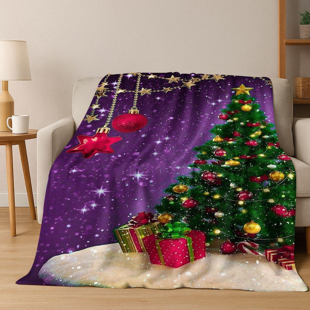3D Merry Christmas Tree Santa Claus Cartoon Flannel Blanket Soft Warm Blanket for Bedroom Living Room Bed Camping Picnic Gift