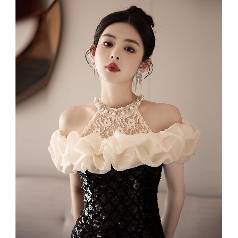 Black Neck Sequined Evening Dress Skirt Banquet Temperament Host Light Luxury Niche Adult Ceremony Fishtail Annual Meeting Dress