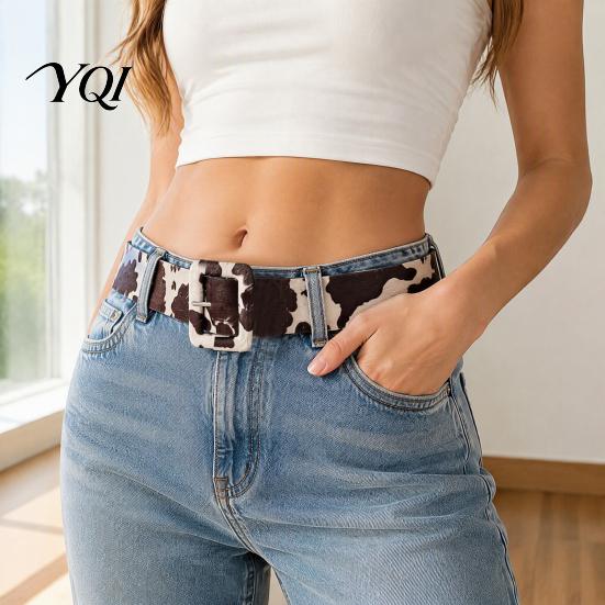 Stylish Metal Pin Buckle Belt Women Cow Pattern Belt, Imitation Horse Hair Leather Waist Casual Fabric Covered Band for Jeans Dresses