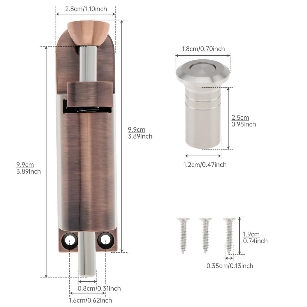 Serrure de porte coulissante à ressort en alliage de zinc 3,9 pouces, loquet à boulon robuste, comprend un boîtier anti-poussière, 3 vis, universel maison, clôture, portail