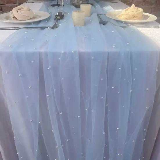 Yousheng 9.8FT Gauze Table Runner Chiffon Cheesecloth Table Runner with Faux Pearls Dining Table Decor Cloth for Home Birthday Holiday Party