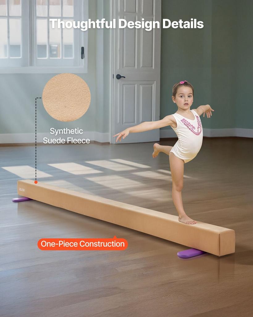 8 Fuß Balancebalken für Kinder, 158,7 kg stabiler Halt, Gymnastikbodenbalken mit rutschfesten Holzmatten, Holzkerngymnastik-Trainingsgerät mit