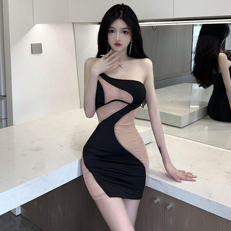 

Европейская и американская сексуальная сексуальная прозрачная сетчатая юбка на подтяжках с цветовой блокировкой, клубный бар, диско, облегающее талию, стройнящее, облегающее бедра платье Black S