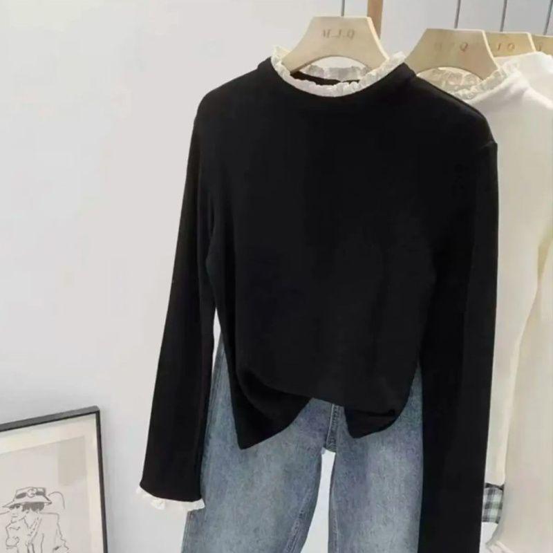 Women's Slimming Plus Size Lace High Neck Long Sleeve Warm Base Layer T-shirt for Autumn/Winter