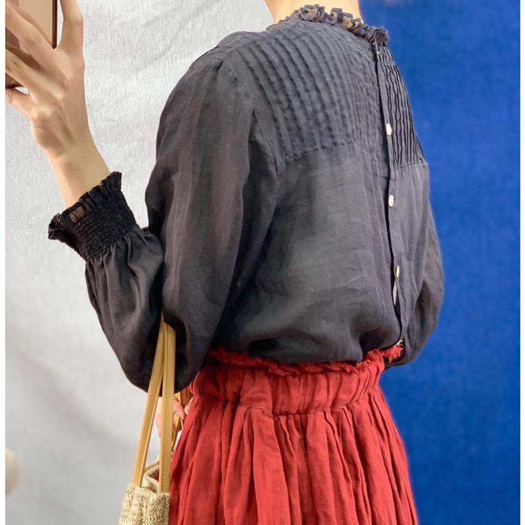 Johnature Vintage Thin Ruffles Loose Womens Blouses Summer All Match Sunscreen Button Female Shirts