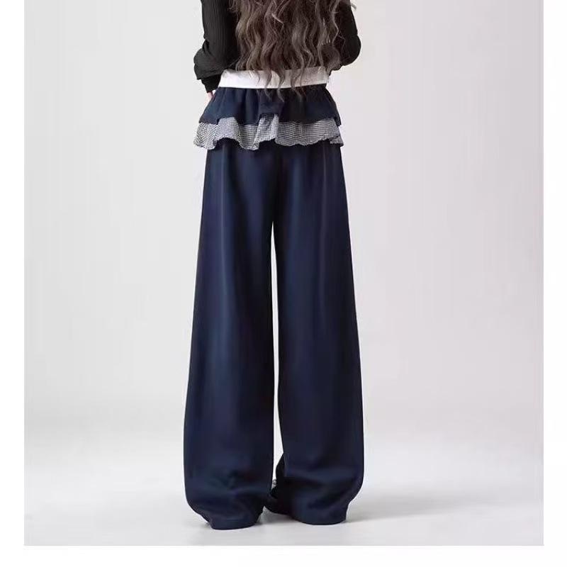 2026 Plaid Patchwork High-Waisted Slim Wide-Leg Women s Spring Sports Casual Pants L