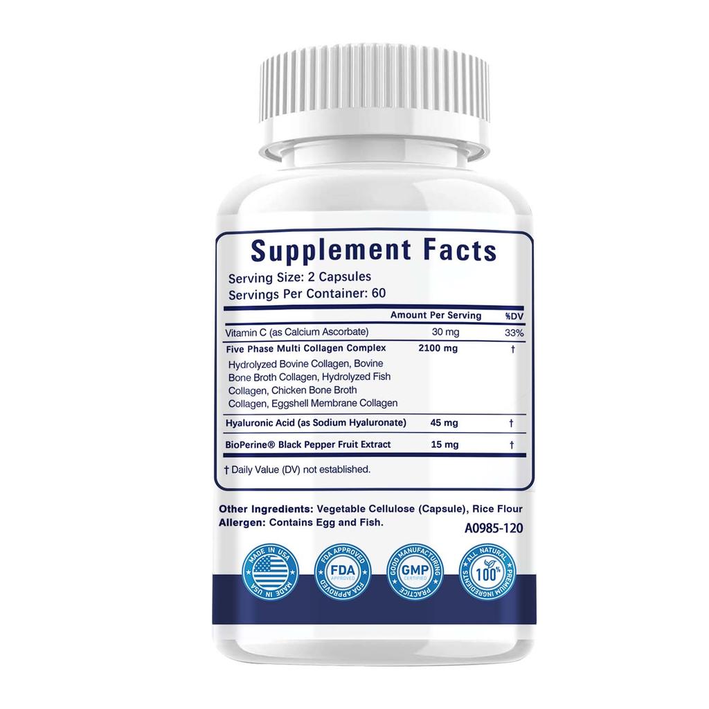 Premium Collagen Pills for Women - 120 Capsules, 2100 mg Grass Fed Collagen Supplements (Type I, II, III, V, X) + Vitamin C, Anti-Aging, Skin, Hair