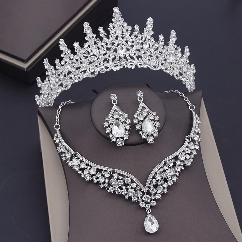 Gorgeous Blue Crystal Wedding Crown Necklace Sets For Women Bridal Jewelry Sets Earrings Prom