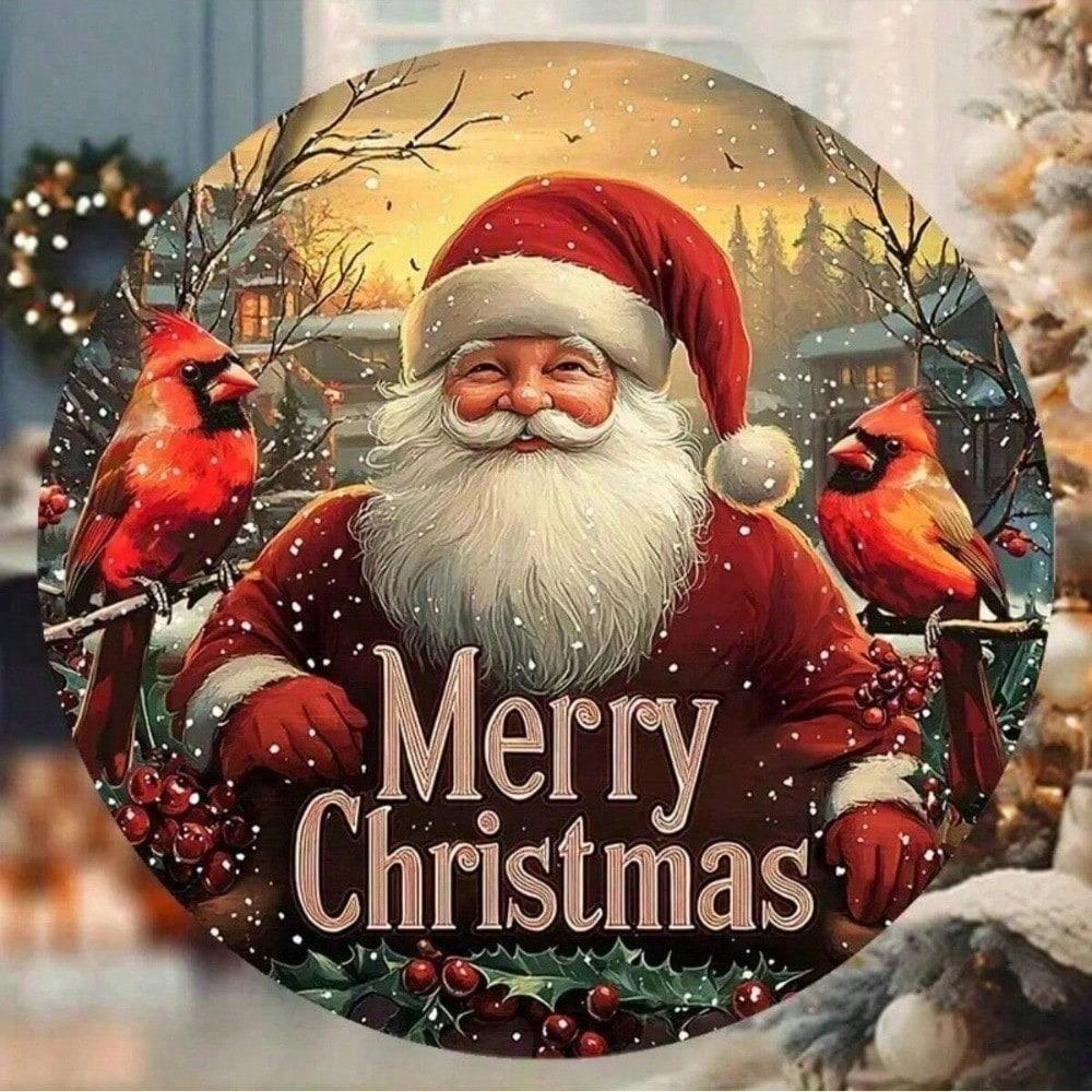 Rustic Metal Santa Claus Cardinal Wreath Sign Merry Christmas Wall Decor 2D Holiday Door Hanging For Home Bar Cafe Garage