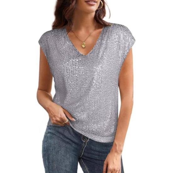 

Женский жилет, блестящий топ с пайетками, V-образный вырез, короткий рукав, эластичные топы для вечеринок, летний свободный жилет для повседневной носки XL