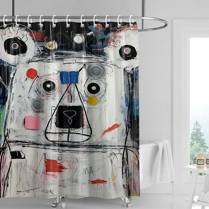Edgy Cartoon Bear Shower Curtain - Yellow with Graffiti Text & Bold Colors, Waterproof with Grommets, Urban Bathroom Decor