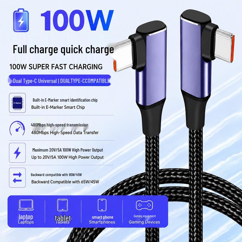 PD USB-C - USB-C Hızlı Şarj Kablosu, 60W/100W, Tek Dirsekli, Erkek - Erkek, 3A/5A