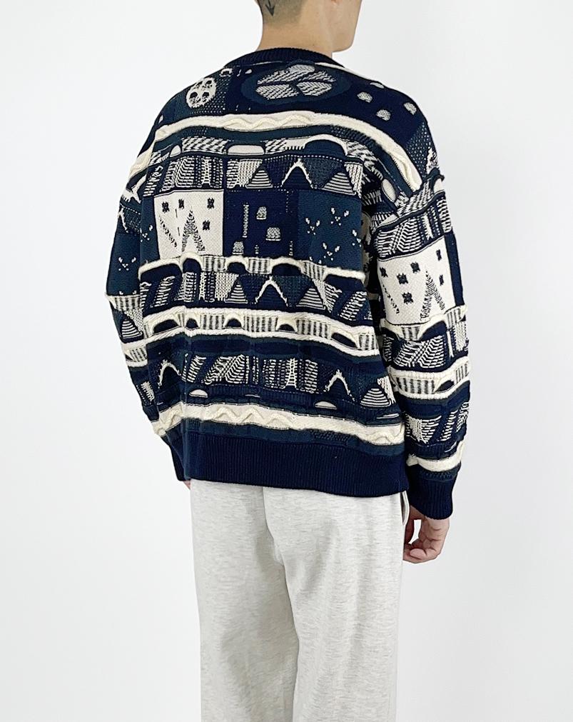 A MADE Pattern Mix Oversized Knit Sweater (Cream Navy)