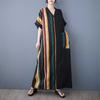 Summer Thin Cotton V-neck Short Sleeved Contrasting Splicing Long Dress for Women