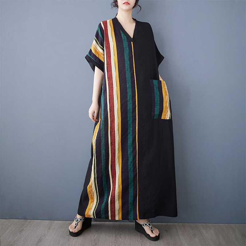 Summer Thin Cotton V-neck Short Sleeved Contrasting Splicing Long Dress for Women