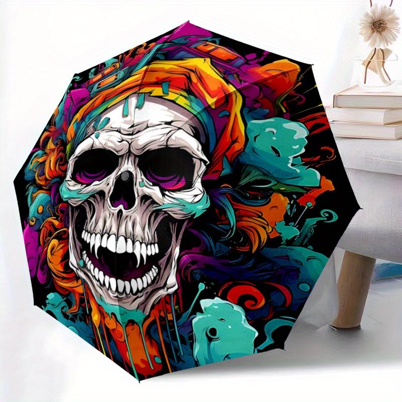 1pc Colorful Skull Design Automatic Opening/Closing Umbrella - Portable 3-Fold Design, 8-Bone Iron Frame Outdoor Umbrella, Ideal Gift for Fans, T