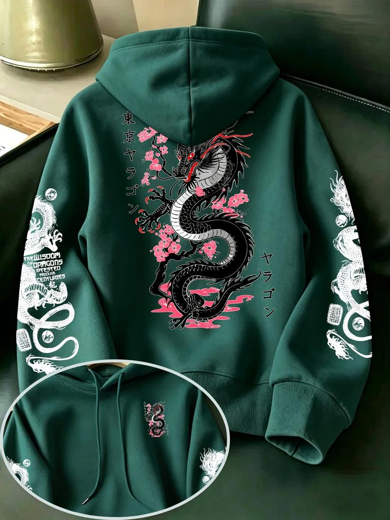 Men's Japanese Style Hoodie Tokyo Dragon Cherry Blossom Graphic Print Sweatshirt Oversized Asian Streetwear Autumn Winter Tops