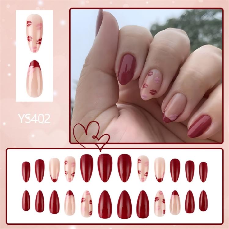 24 Pcs Valentines Day Press On Nail French Tip False Nail Almond Full Cover Stick on Nail Lip Print Acrylic Nail