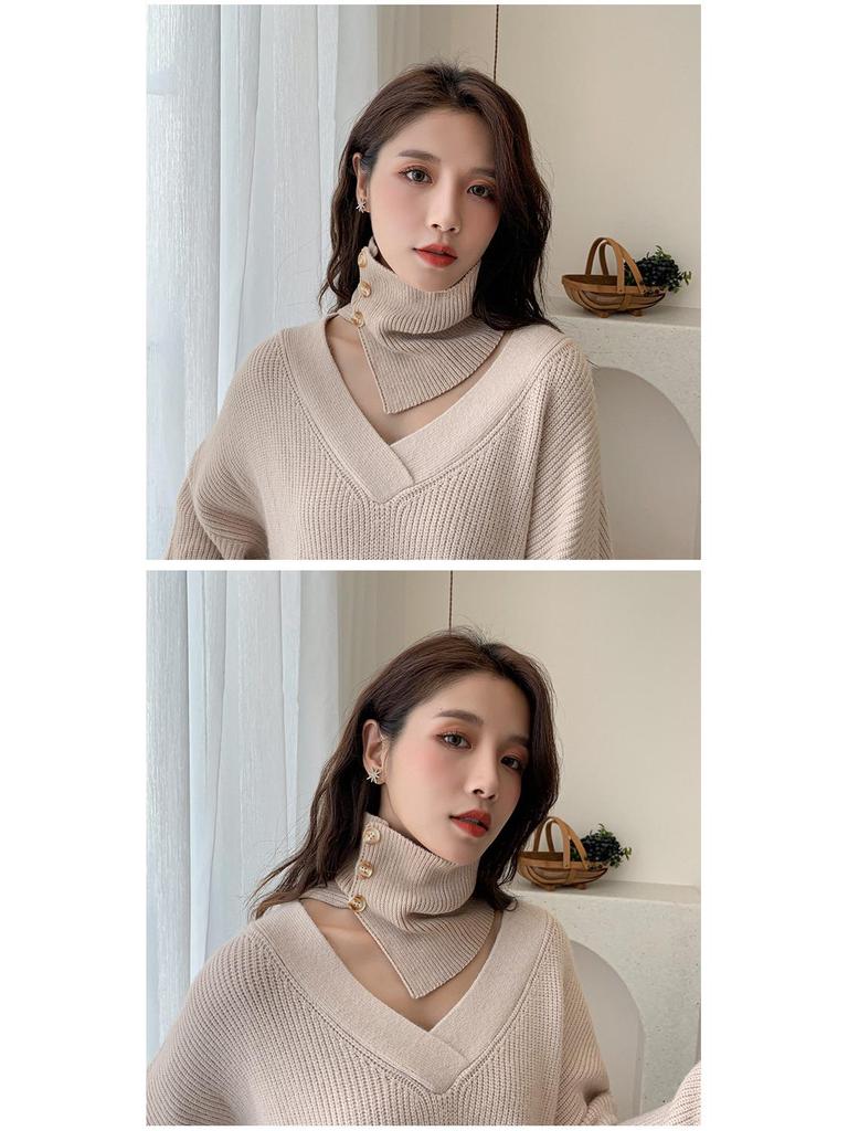 Strikket knappeskjerf for kvinner med kunstig krage – allsidig gensertilbehør for vår, høst og vinter