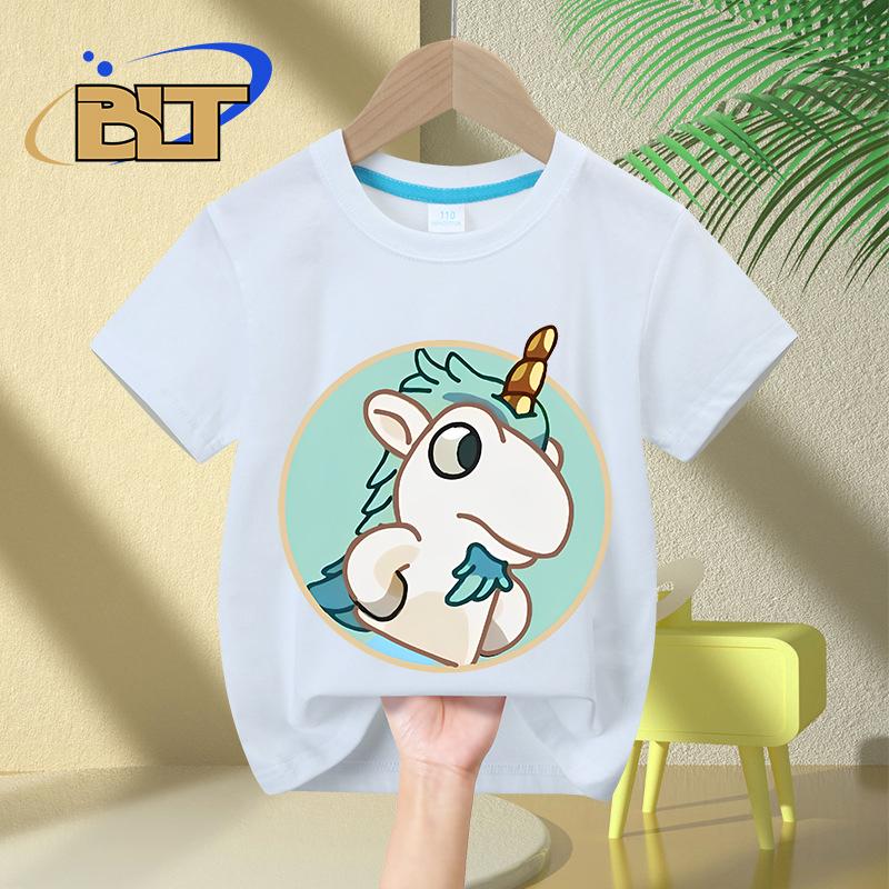 Cute unicorse hole cartoon print kids Tshirt summer childrens cotton short sleeve casual tops for boys and girls