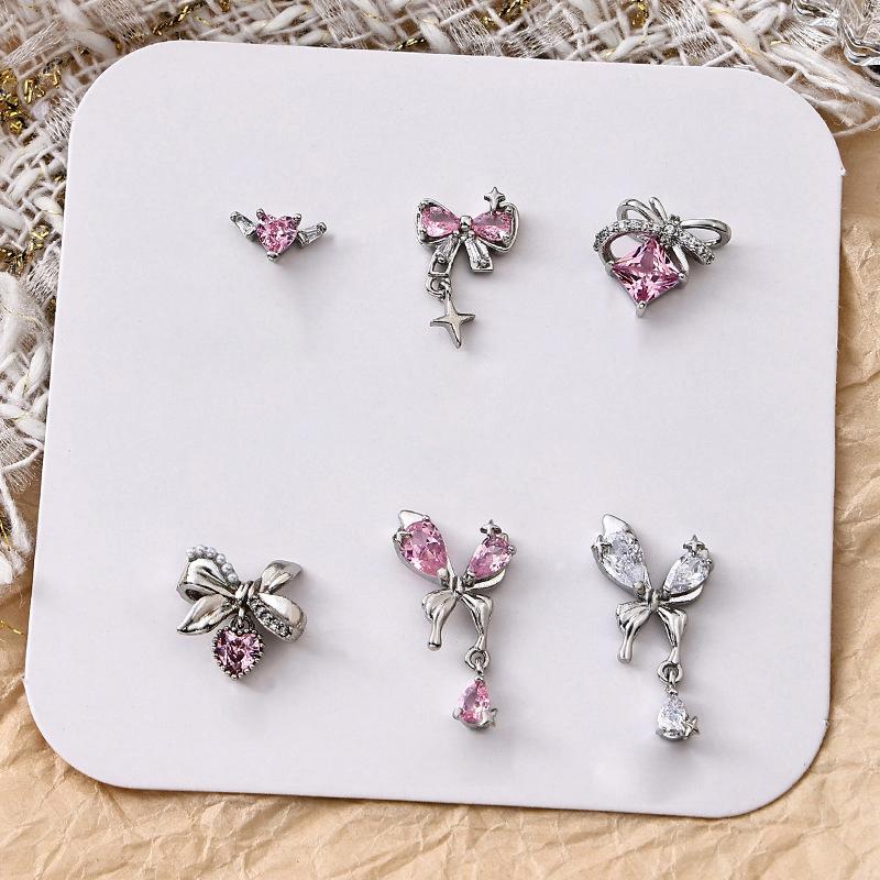 Nail Art Diamond Pink Zircon Bow Pendant Jewelry New Light Luxury Silver Butterfly Love Diamond