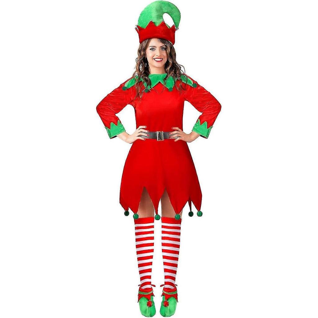 Girls Women Christmas Elf Costume Set Santa's Helper Costume Xmas Festive Outfit With Elf Hat Shoes Belt Striped Stockings