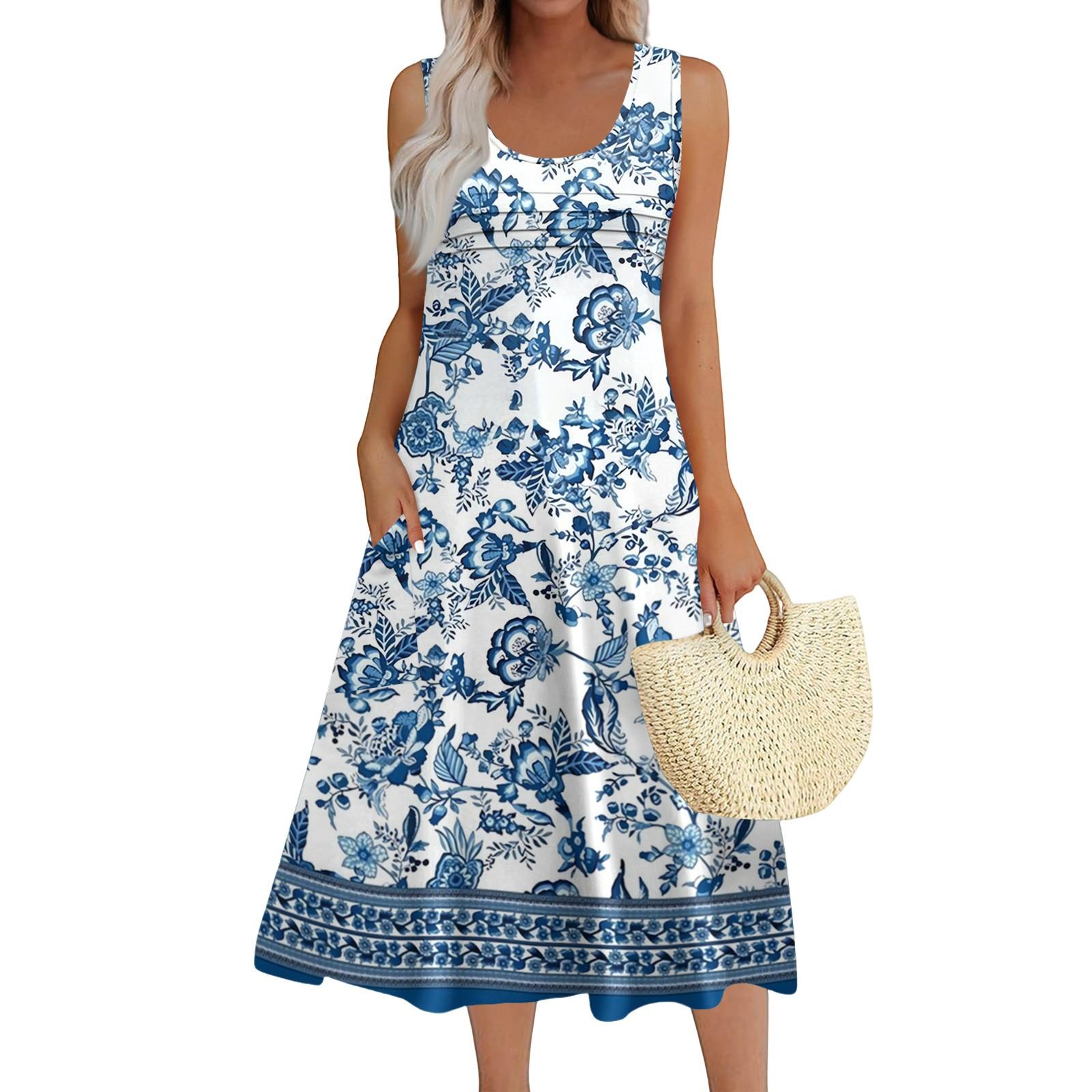 

Женское модное пляжное платье без рукавов с круглым вырезом и карманами, длинные цветочные платья M синий