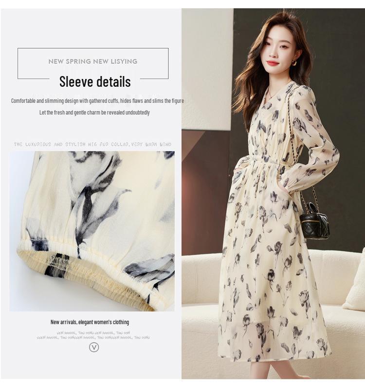 High-End Floral Print V-Neck Long Sleeve Summer Dress for Women
